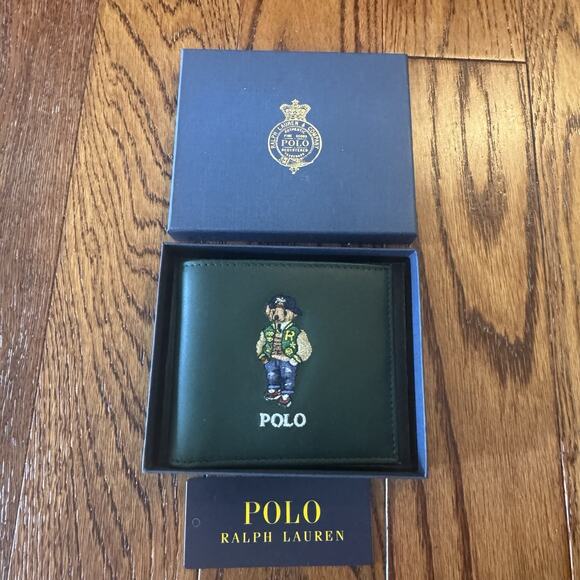 Polo Ralph Lauren Bifold Billfold Wallet Green Leather Preppy Bear Jacket - Picture 1 of 13